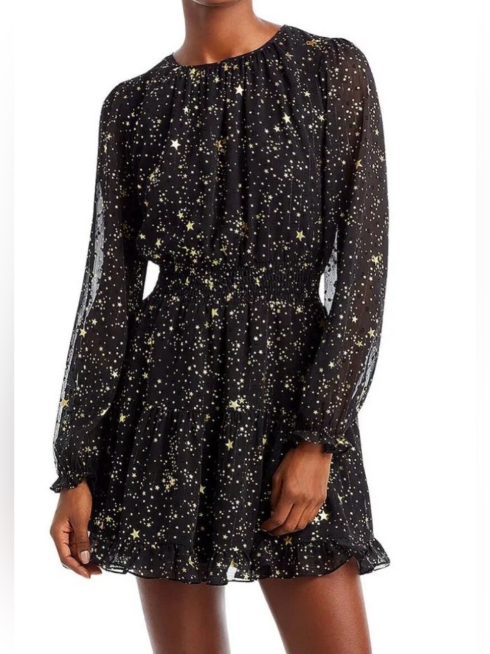 AQUA Black Gold Foil Star Print Chiffon
Long Sleeve Mini Dress Size Small